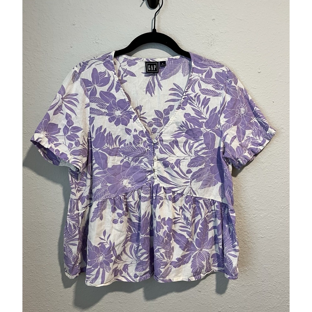 Gap Women's Top Size Small Peplum Floral Short Sleeve Cotton Purple White
